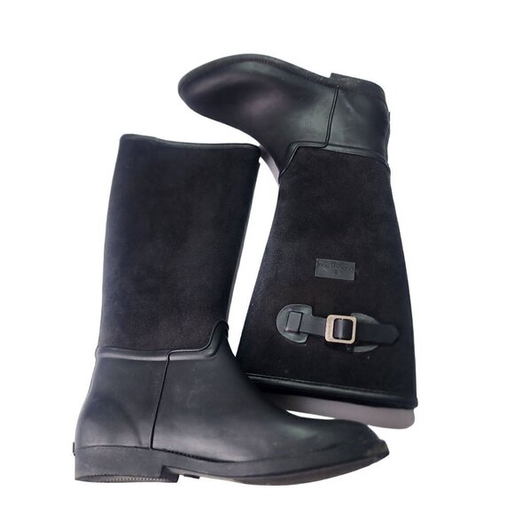 London Fog Mixed Media Flocked Leather & Rubber Knee High Boots Black Size 9-9.5 - Picture 7 of 12